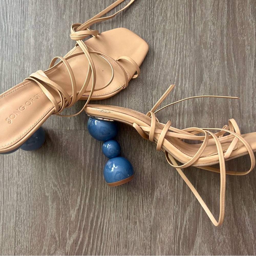 Song of Style Tan and Blue Heels Strappy Chic